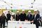 Inauguration de la pose de la première pierre du projet Silicium - avec des briques Légos représentant les logos de chaque institution - avec les acteurs principaux du projet. De gauche à droite : les architectes de PATRIARCHE et BBAU, Armelle Berthomier Vejux d'Action Logement, Samuel Rabillard Directeur Général de la Savoisienne habitat, Thierry Repentin maire de Chambéry et Président de Grand Chambéry, Lucas Beaujolin Directeur de Cristal Habitat et Gaëtan Pauchet Président de Cristal Habitat.