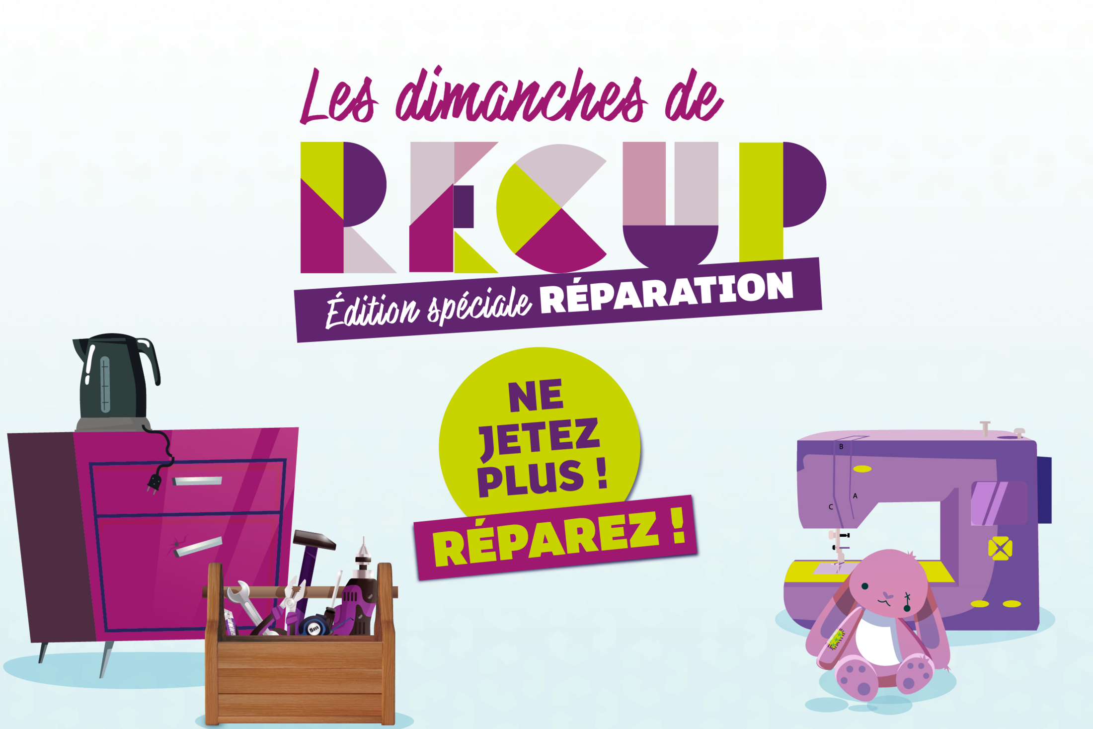 Visuel du dimanche de récup 2026, illustrant des objets (peluche, machine à coudre, meuble...) cassés ayant été réparés, car le thème de cet événement est la réparation
