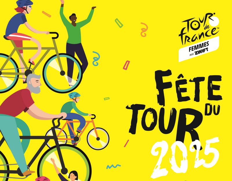 Affiche jaune de la Fête du Tour 2025, il y a 3 cyclistes dessinés, des confettis ainsi que le logo du tdff2025