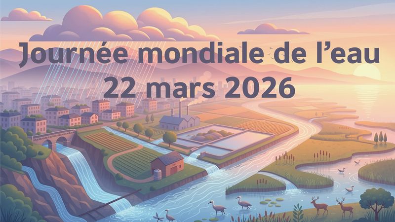 Illustration faisant apparaître des cours d'eau, une ville, des usines, et de la faune entourée d'eau. 