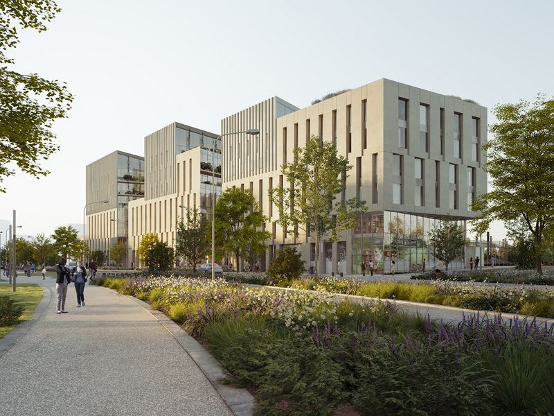projection visuelle du futur projet immobilier Ancora au quartier La Cassine de Chambéry. trois bâtiments, une route, des espaces verts.