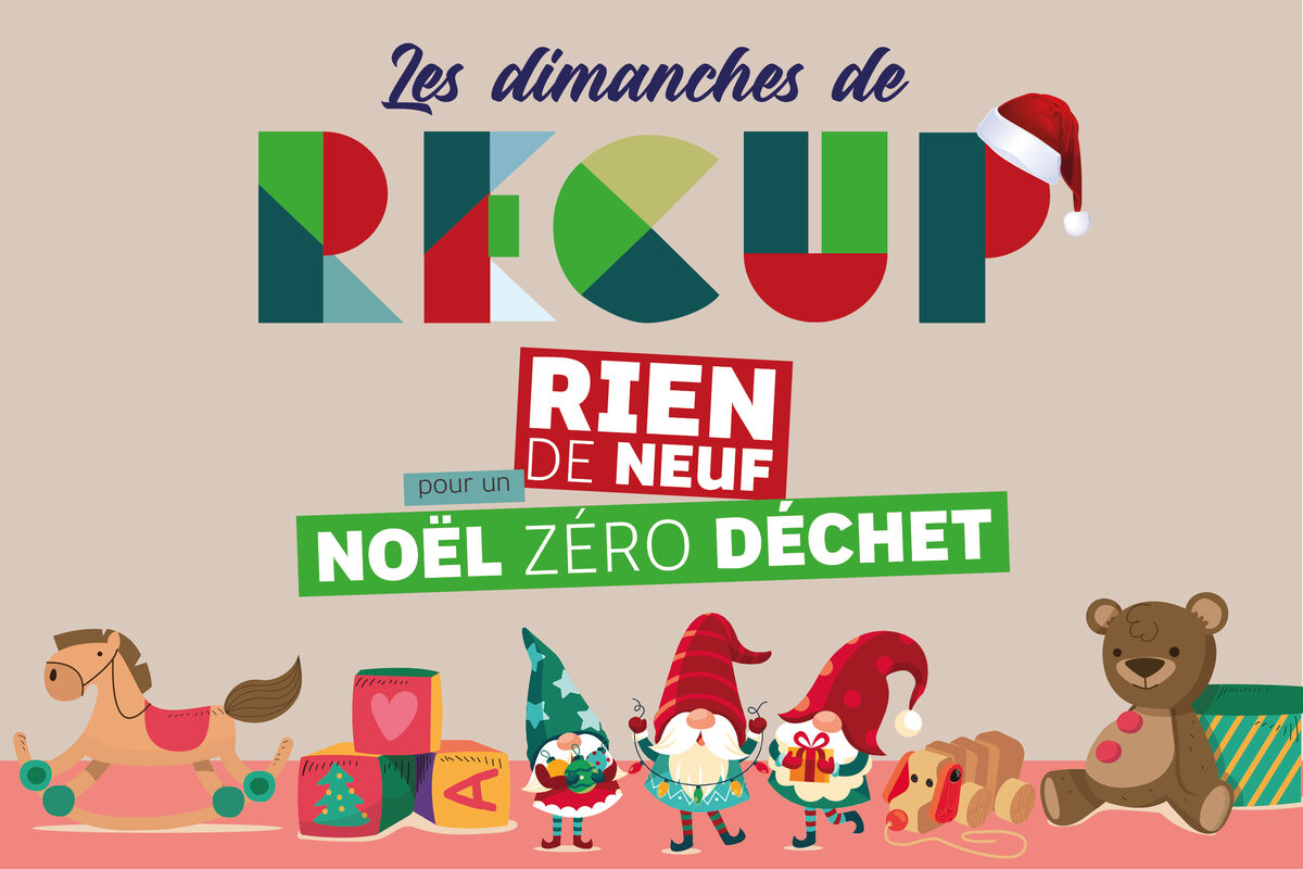 visuel dimanche de récup' 2025 spécial Noël, avec des lutins et des jouets pour enfants